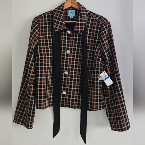 NWT Women's Cece Plaid Tie Neck Blazer Jacket with Rhinestone Button-Up Size XL - Picture 13 of 15